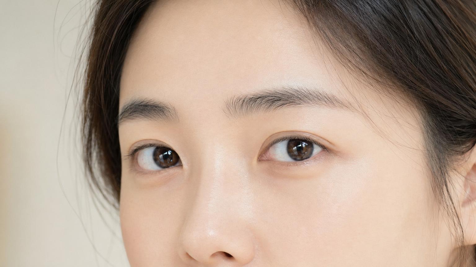 Three months after Korean under-eye fat repositioning — final settled result with smooth lid-cheek transition and refreshed natural appearance