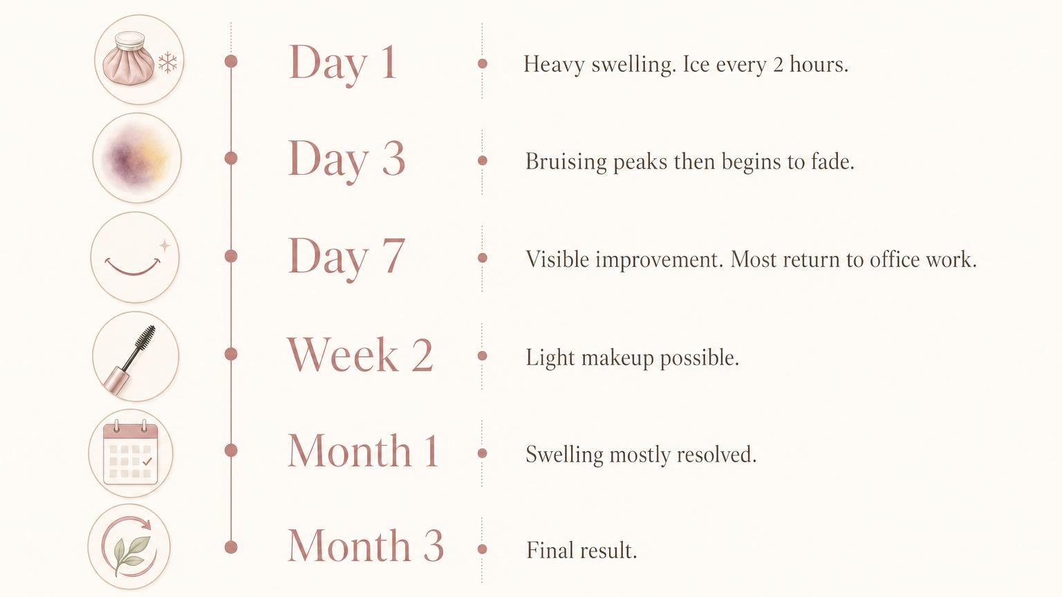 Recovery timeline infographic for transconjunctival under-eye fat repositioning — Day 1, Day 3, Day 7, Week 2, Month 1, Month 3