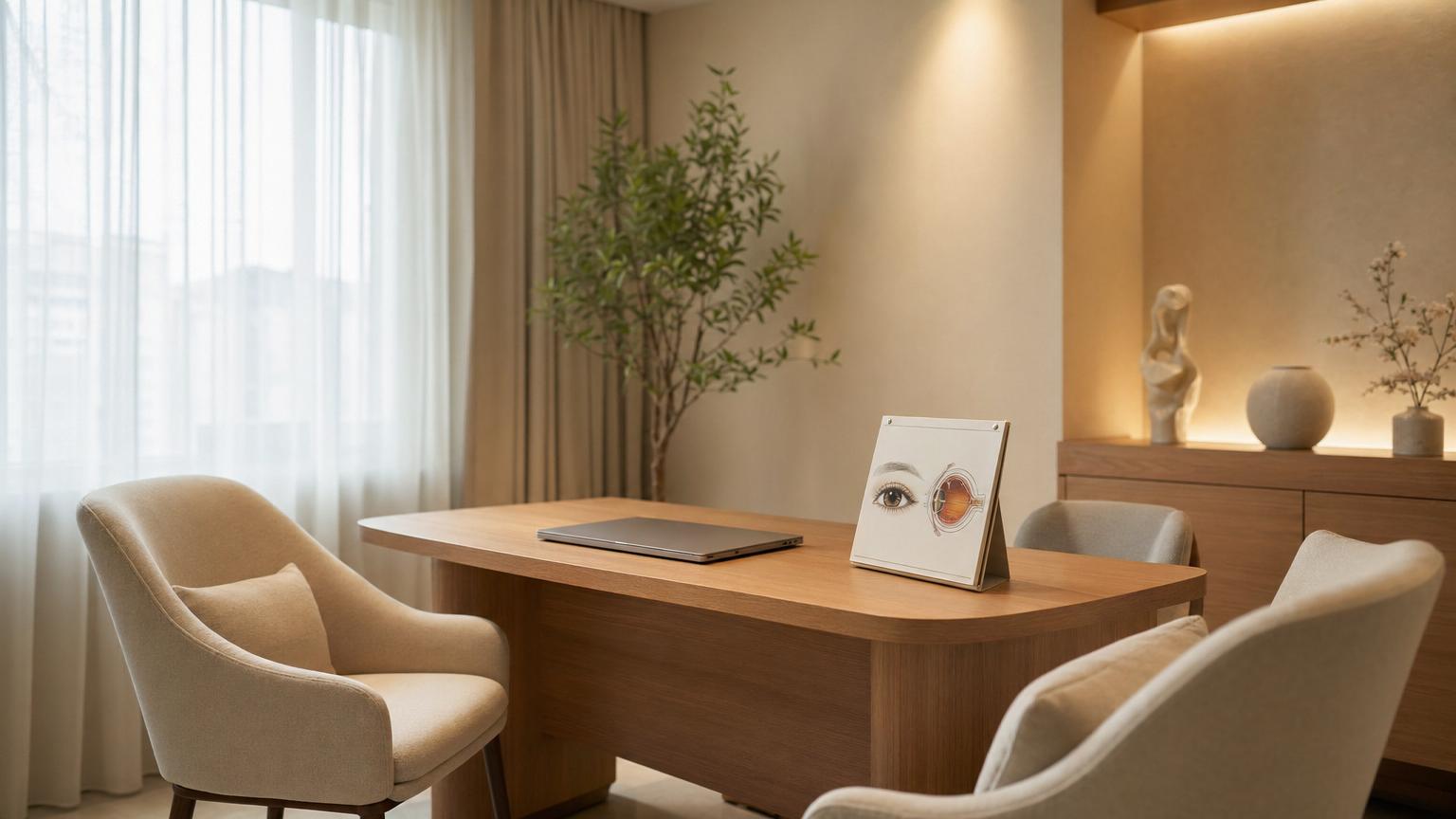 Modern Korean cosmetic surgery consultation room interior with warm beige tones and natural light