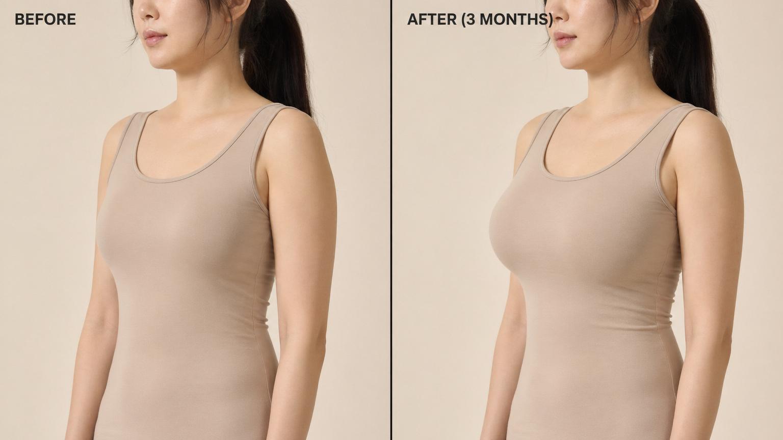 Before-and-after of a Korean breast augmentation patient three months after Mentor MemoryGel Xtra implants showing fuller chest contour through a modest fitted top
