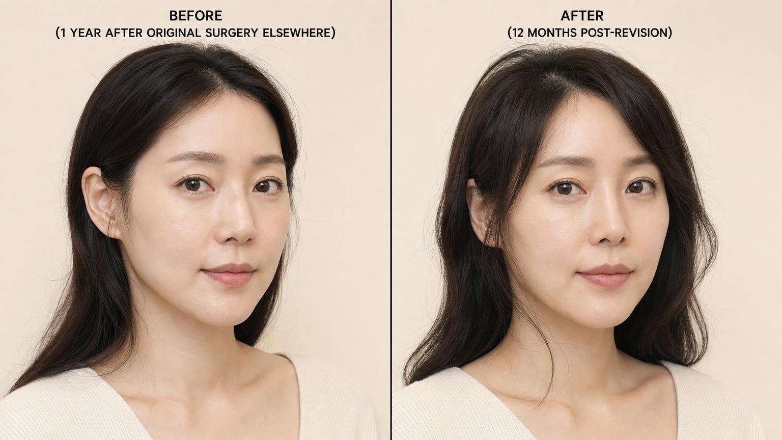 Before-and-after of an East Asian woman one year and twelve months after Korean revision rhinoplasty showing refined dorsum and balanced tip with restored proportions