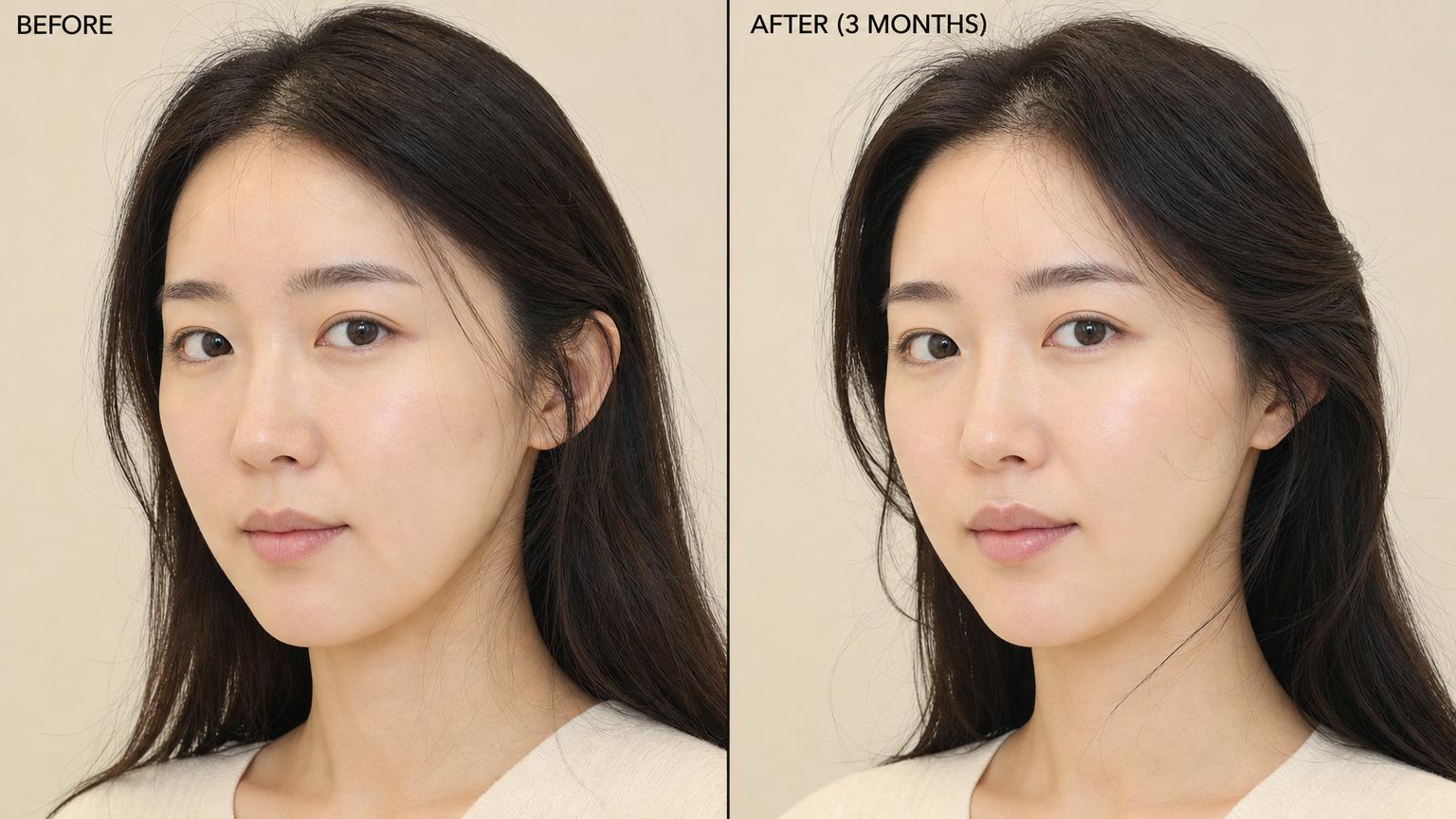 Before-and-after of an East Asian woman three months after Korean lip lift / philtrum reduction surgery — shorter philtrum, more visible vermilion, refined youthful proportion