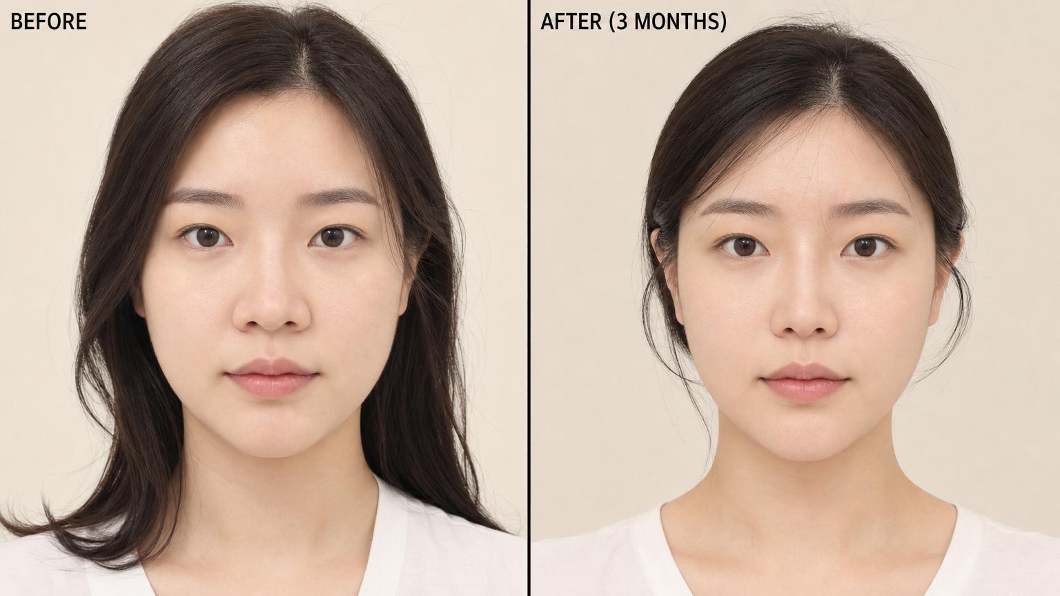 Before-and-after of an East Asian woman three months after Korean alar reduction surgery — narrower nasal base with bridge and tip unchanged, refined face proportion