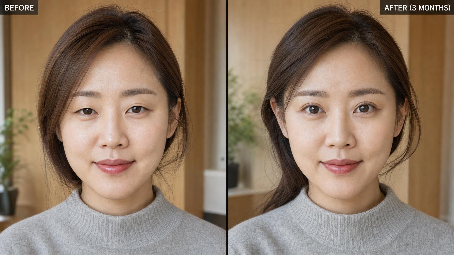 Before-and-after of a Korean woman three months after upper eyelid fat removal — thinner upper lids, more visible eyelid platform, eye shape unchanged