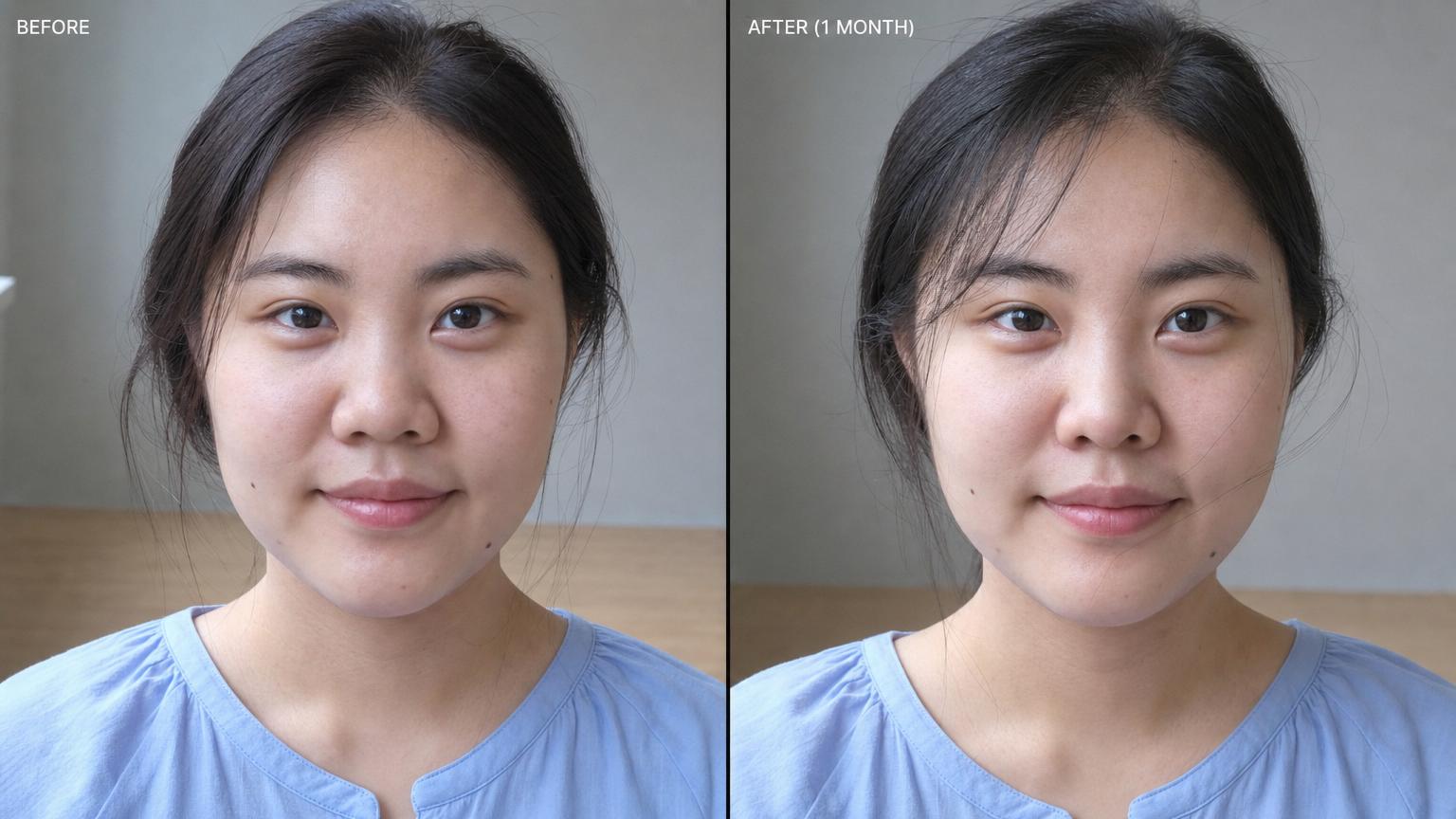 Before-and-after of a Korean woman one month after Korean rhinoplasty — refined bridge and tip with residual mild swelling, rest of face unchanged