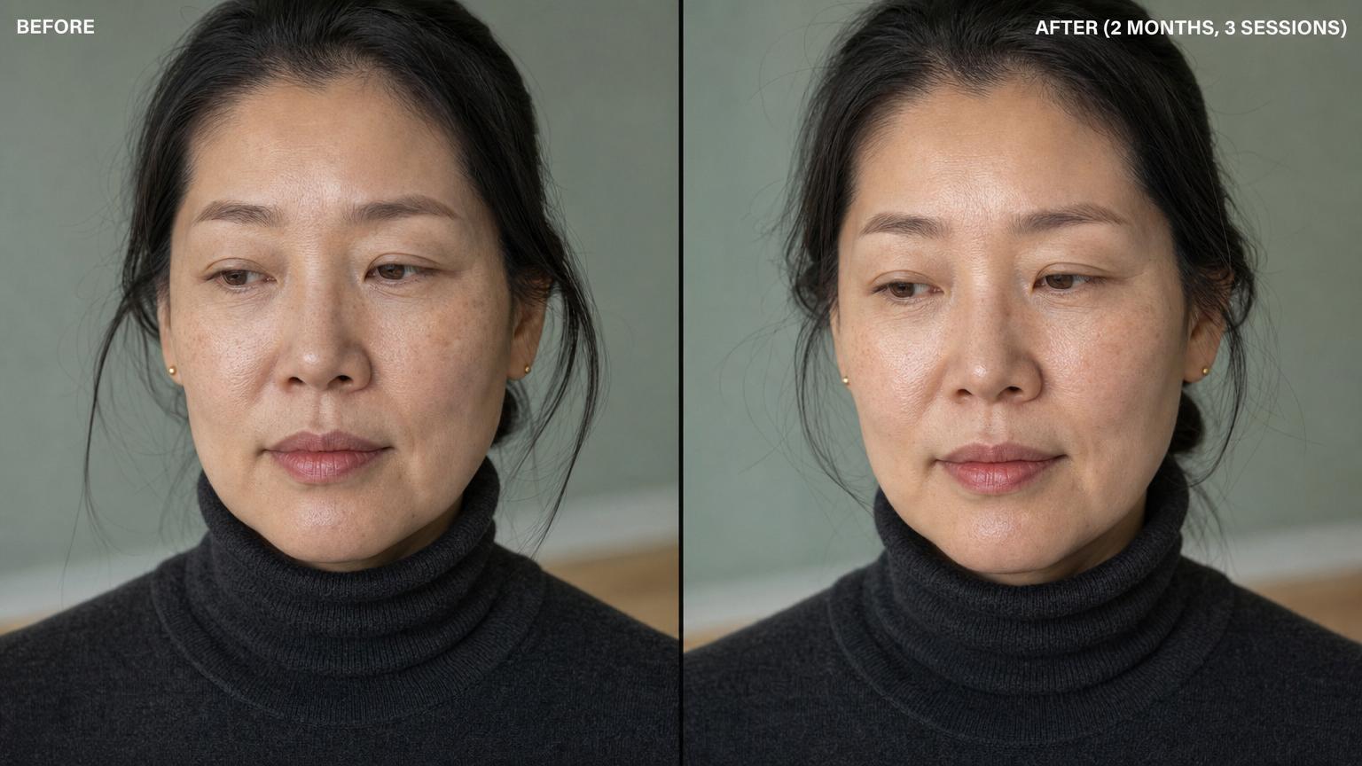 Before-and-after of a Korean woman in her forties two months after Korean Rejuran skin booster series — improved hydration and texture, age markers preserved (real skin booster result, not Photoshop)