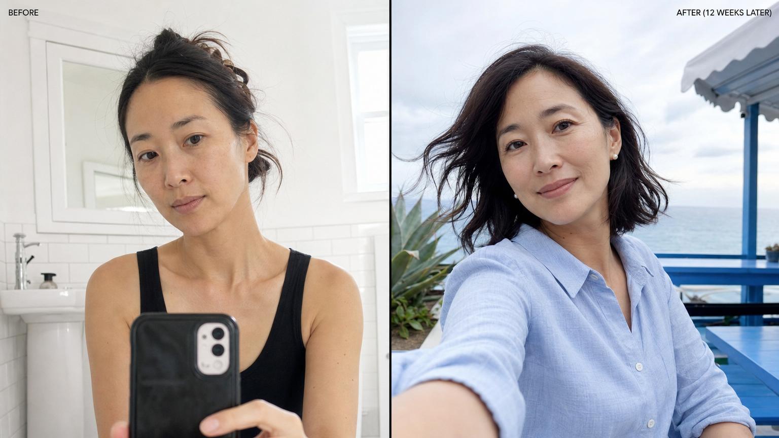 Before-and-after selfies of a Japanese woman in her early forties 12 weeks after Korean Juvelook PLLA collagen booster series — BEFORE bathroom mirror selfie / AFTER seaside outdoor selfie, completely different settings, restored natural volume