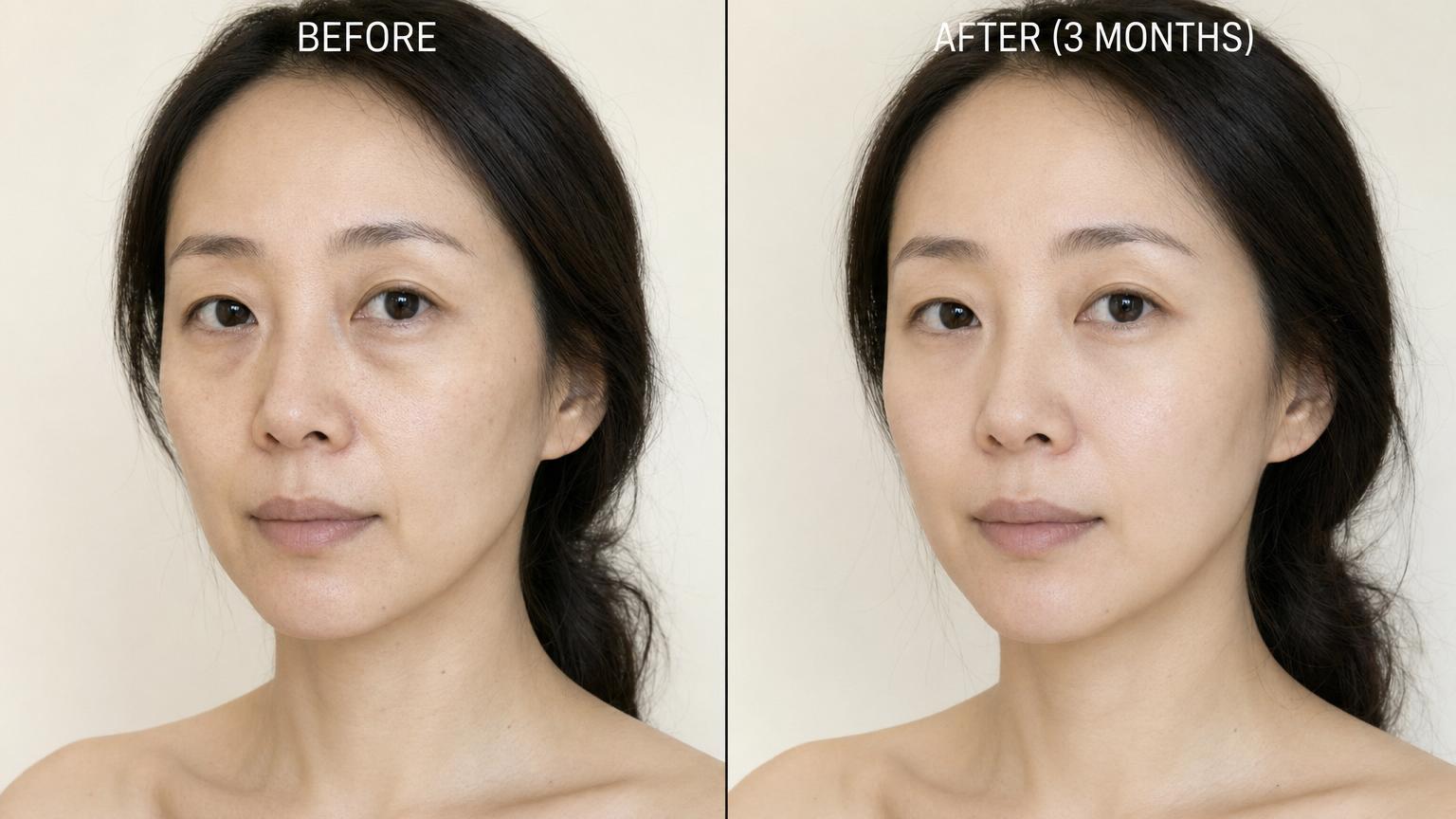 Before-and-after of an East Asian woman in her late thirties three months after combined Korean under-eye fat repositioning and full-face fat grafting showing restored midface fullness and balanced temple contour