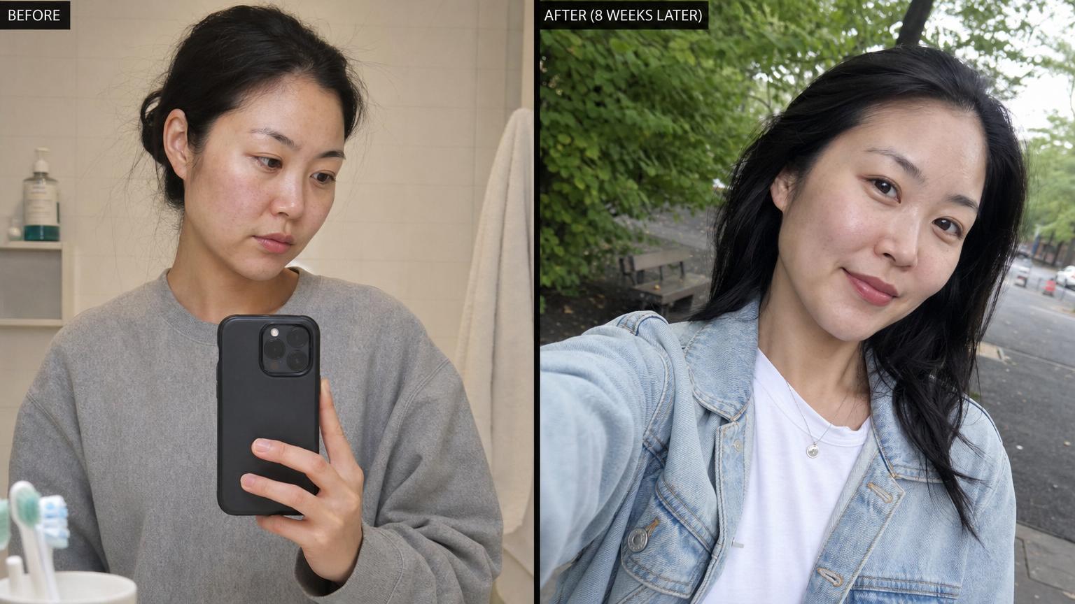 Before-and-after selfies of a Korean-American woman 8 weeks after Korean exosome therapy series — BEFORE indoor bathroom mirror selfie / AFTER outdoor walking selfie, completely different settings, natural calmed skin baseline