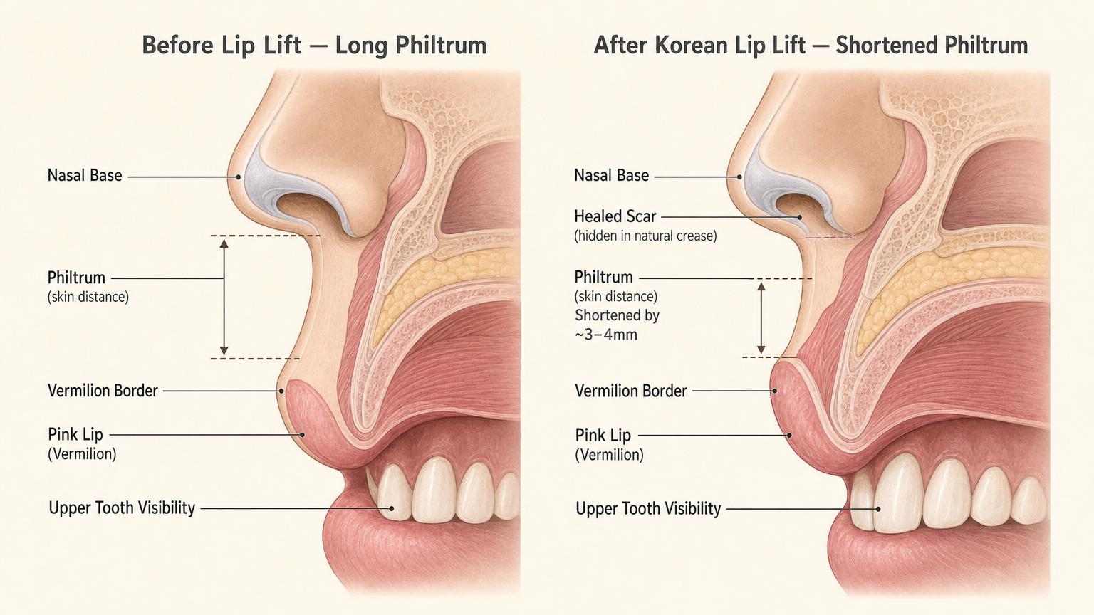 Editorial medical illustration comparing upper lip and philtrum anatomy before and after Korean lip lift — shortened philtrum distance and increased upper-tooth visibility after surgery