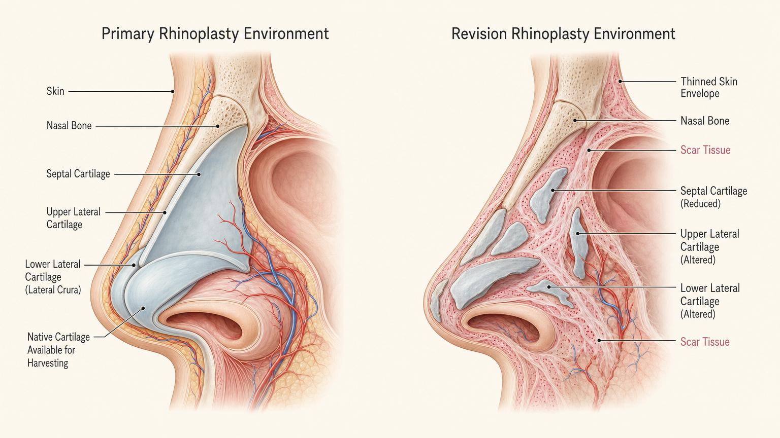 Editorial medical illustration comparing Primary and Revision rhinoplasty surgical environments — virgin tissue vs scar tissue, intact cartilage vs depleted cartilage, normal skin vs thinned skin envelope