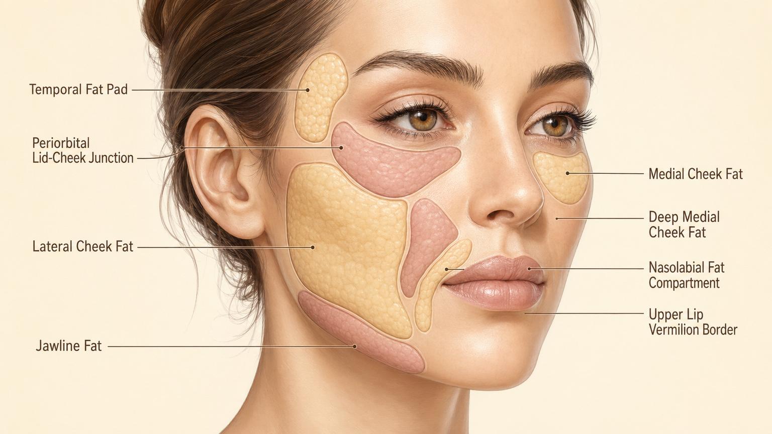 Editorial medical illustration showing the major facial fat compartments — temporal fat pad, lid-cheek junction, medial and lateral cheek fat, nasolabial compartment, deep medial cheek, upper lip vermilion border, jawline fat