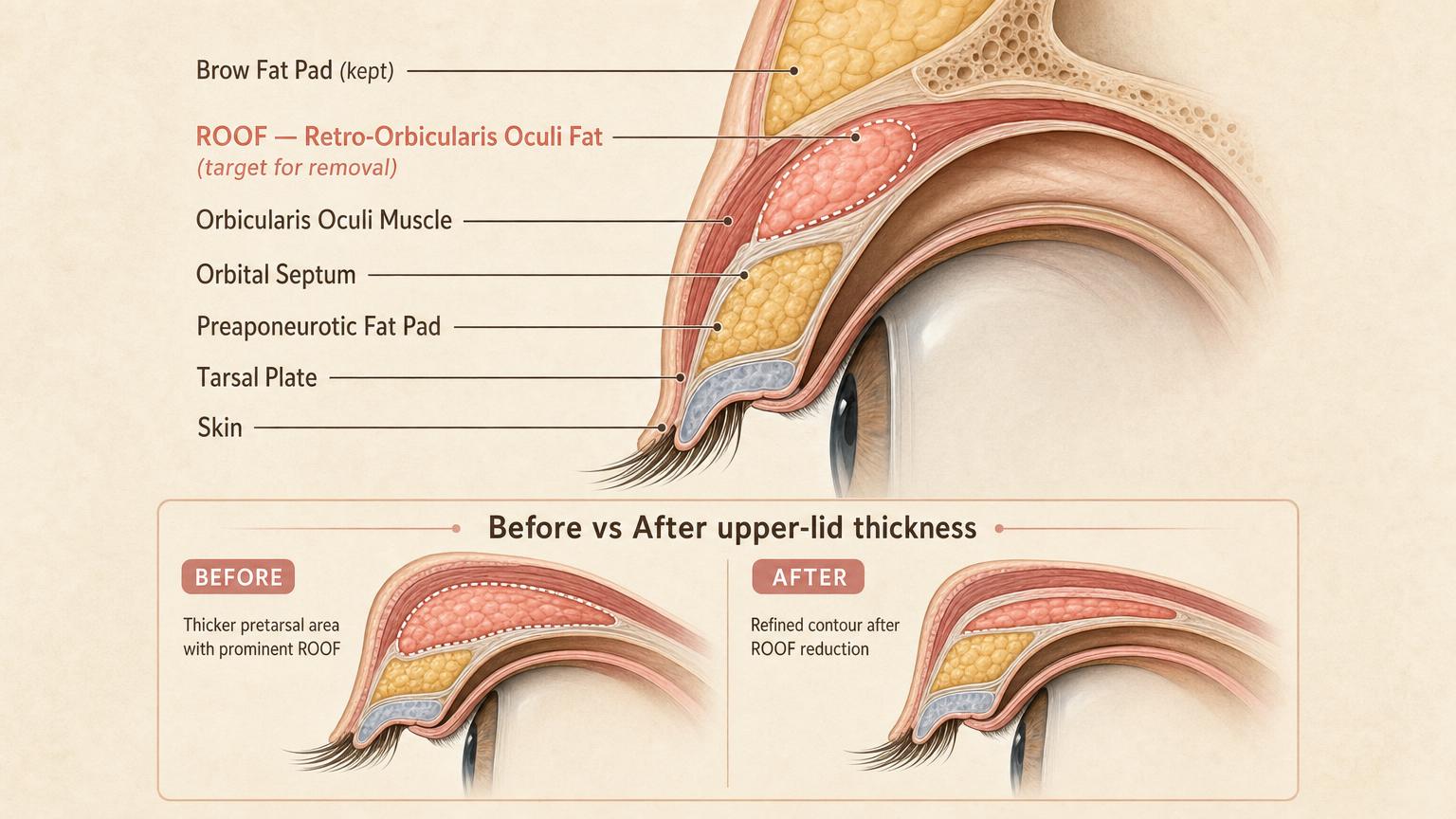 Editorial medical illustration of upper eyelid anatomy — ROOF (Retro-Orbicularis Oculi Fat) highlighted as the target for removal, with before-vs-after cross-section comparison