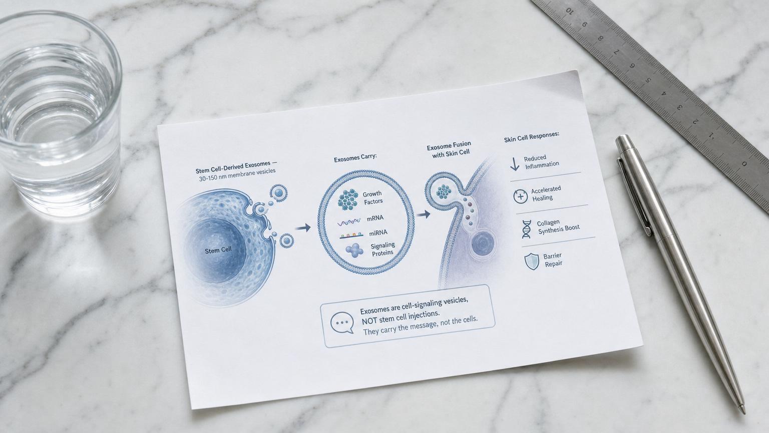 Photograph of a printed dermatology research card explaining how stem cell-derived exosomes (30-150 nm vesicles carrying growth factors and mRNA) signal skin cells to reduce inflammation and accelerate healing