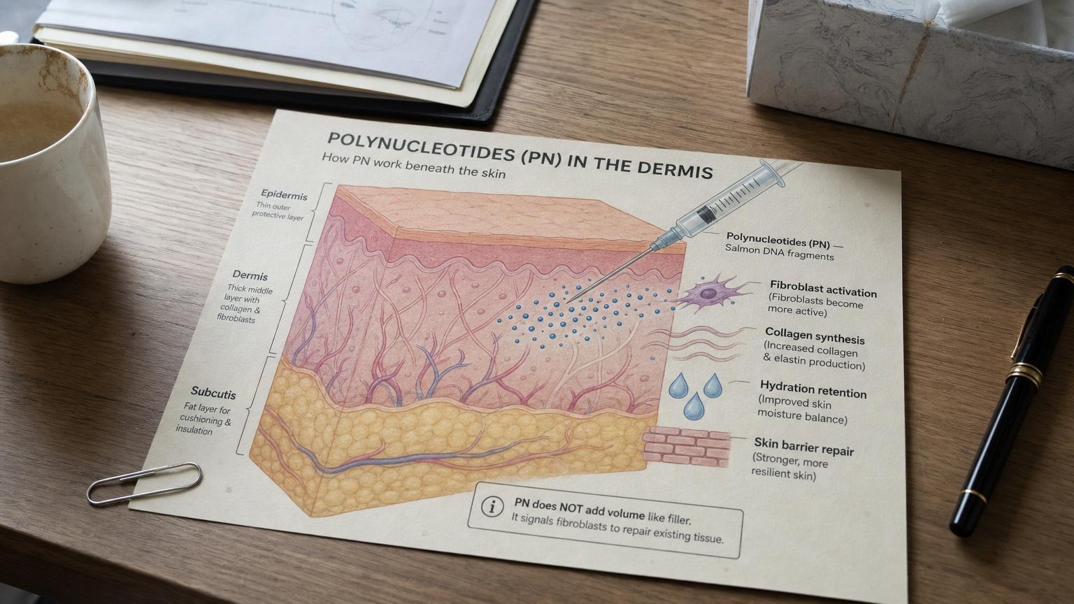 Photograph of a printed dermatology reference card showing how Rejuran polynucleotides activate fibroblast cells in the dermis to stimulate collagen synthesis, skin barrier repair, and hydration retention