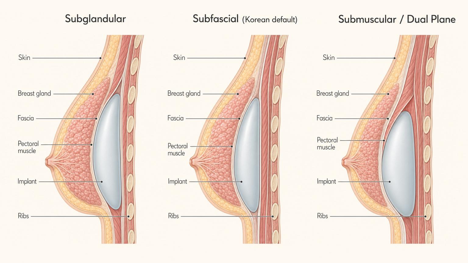 Editorial medical illustration comparing the three breast implant pocket placements — subglandular, subfascial (Korean default), and submuscular / dual plane