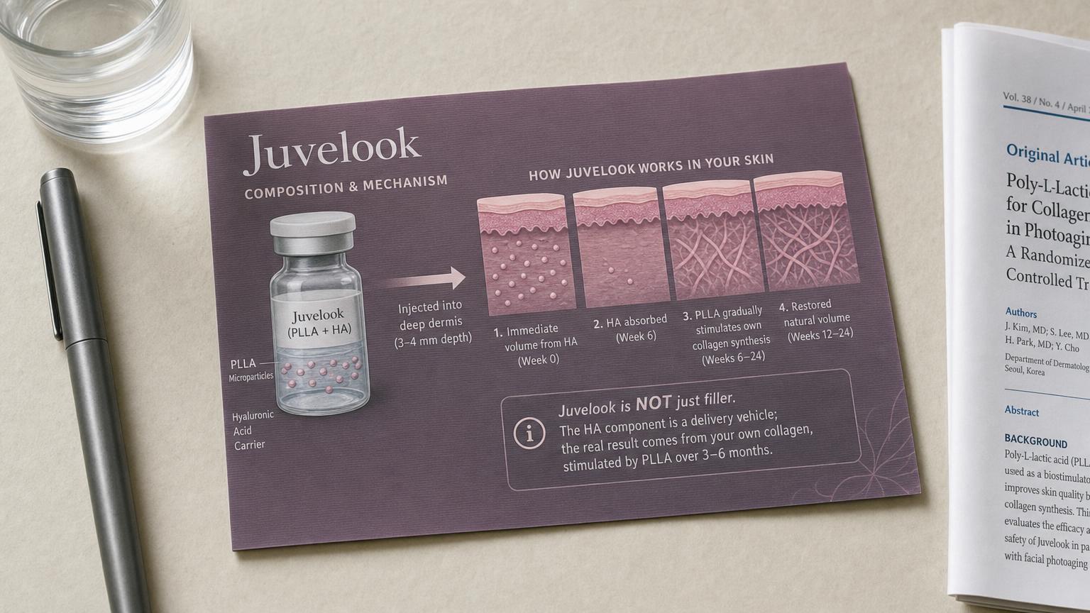Top-down photograph of a printed dermatology reference card explaining Juvelook's PLLA+HA hybrid mechanism — immediate HA volume at week 0 transitioning to long-term PLLA collagen synthesis over 3-6 months