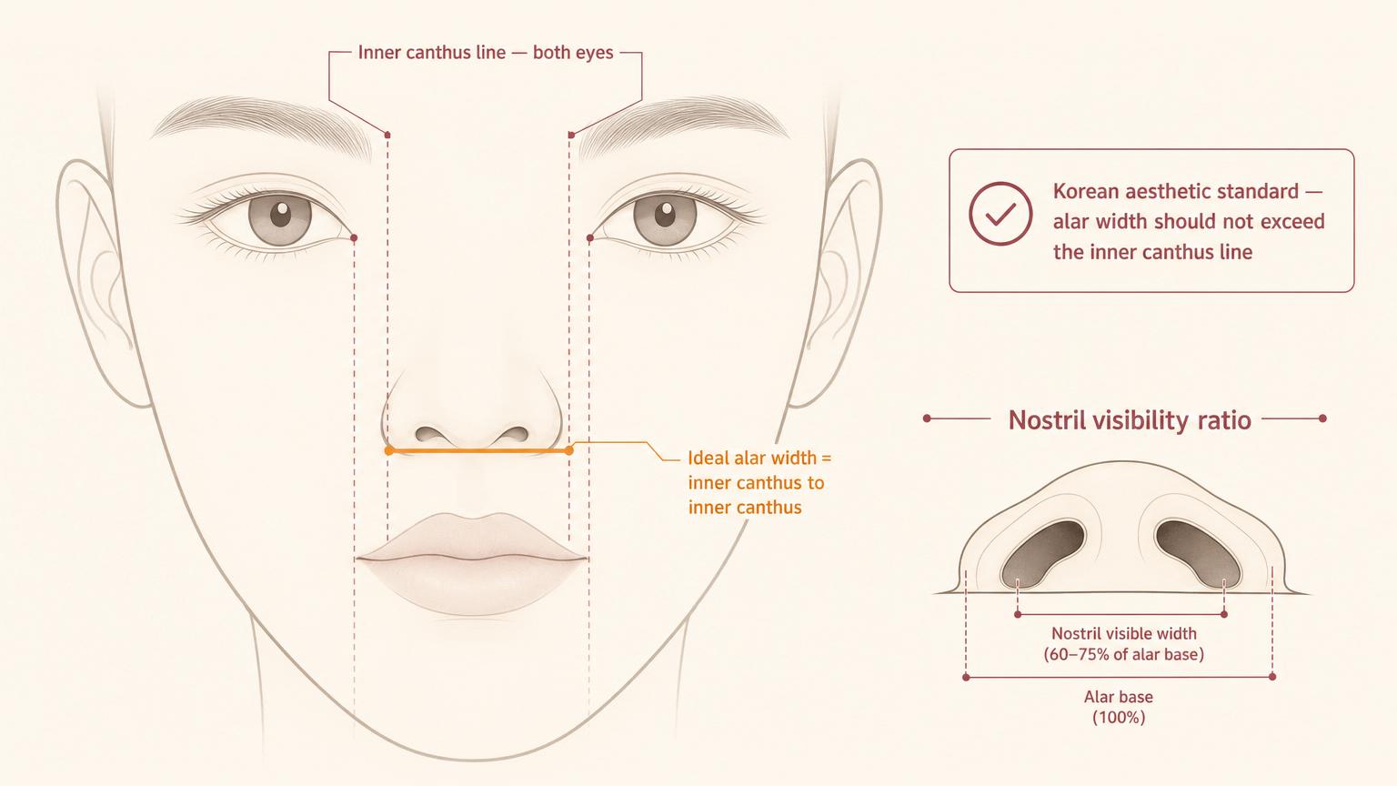 Editorial medical illustration of Korean facial proportion analysis — alar base width should align with the inner canthus line of each eye for balanced proportion