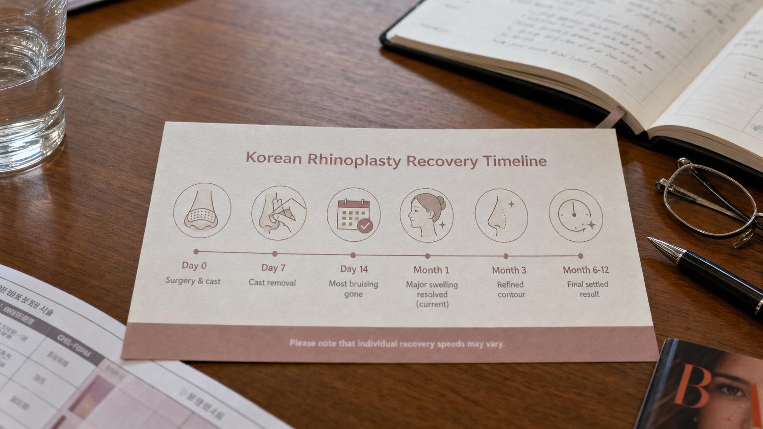 Photograph of a printed Korean rhinoplasty recovery timeline reference card with 6 stages from Day 0 cast through Month 6-12 final result