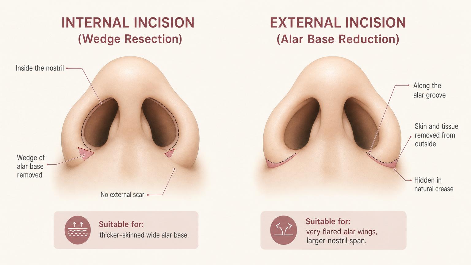 Two stylized nose anatomy diagrams comparing Korean alar reduction techniques — internal incision (wedge resection) vs external incision (alar base reduction along the natural alar groove)