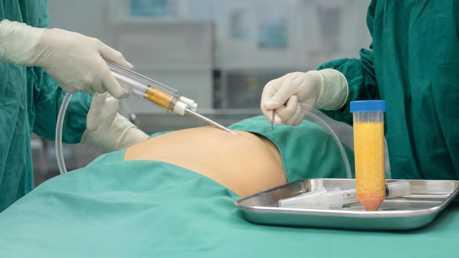 Korean operating room close-up showing the fat harvest stage of facial fat grafting — gloved hands with fine cannulas at a draped abdominal site and a centrifuge tube of processed yellow fat ready for grafting