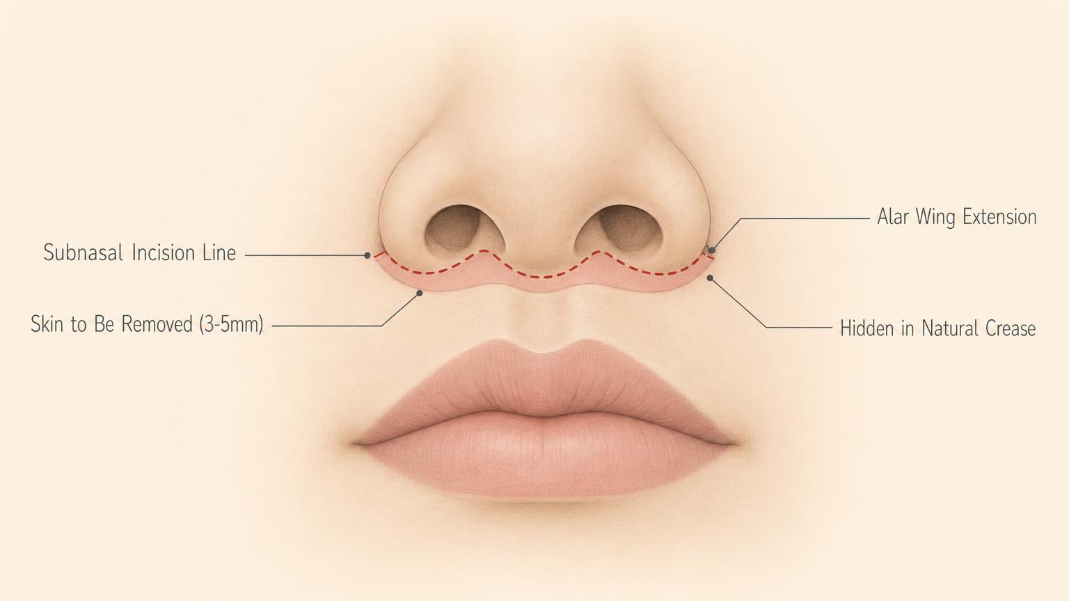 Korean lip lift surgical approach — bull-horn subnasal incision pattern with alar wing extension, hidden in the natural crease at the base of the nostrils