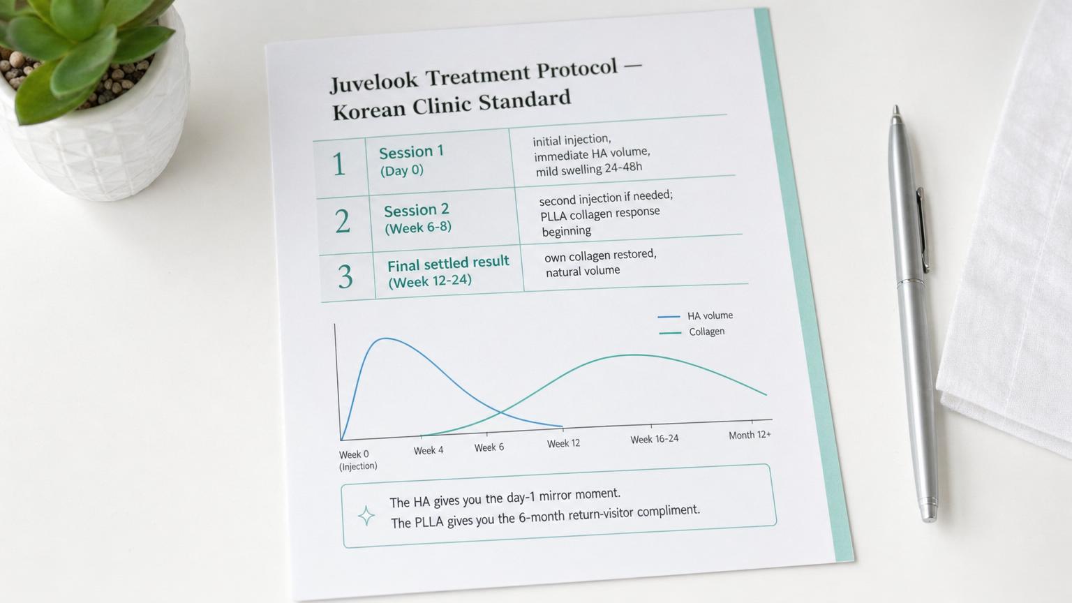 Printed mint-and-white treatment protocol chart showing the Korean Juvelook 2-session protocol with HA volume curve and PLLA collagen curve over a 24-week timeline