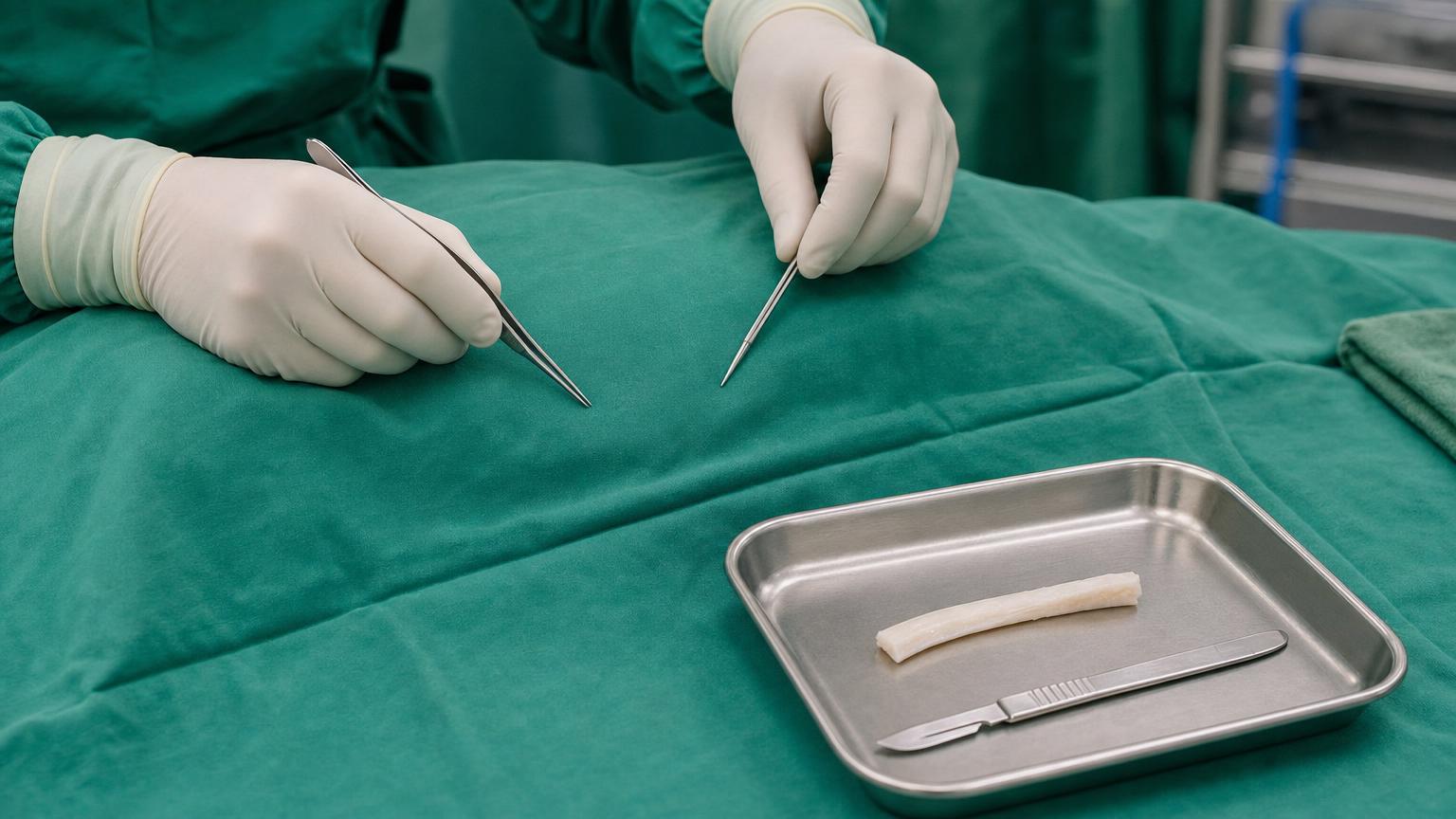 Korean operating room close-up showing the rib cartilage harvest stage — gloved hands with surgical instruments, sterile metal tray with a section of harvested rib cartilage and scalpel