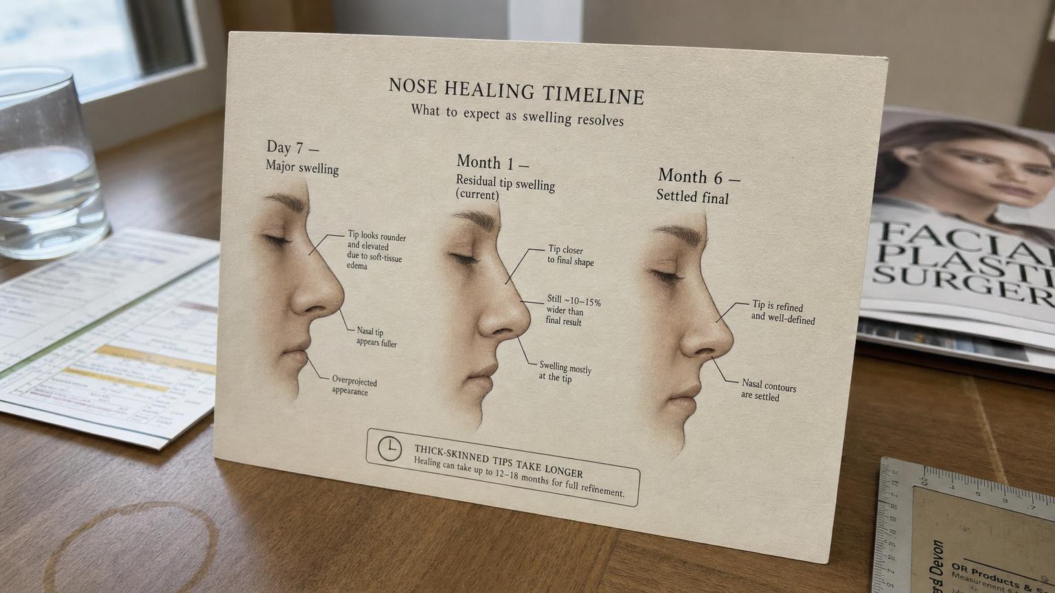 Side-view nose silhouette comparison showing tip swelling resolution from Day 7 to Month 1 to Month 6, illustrating why one-month is not the final result