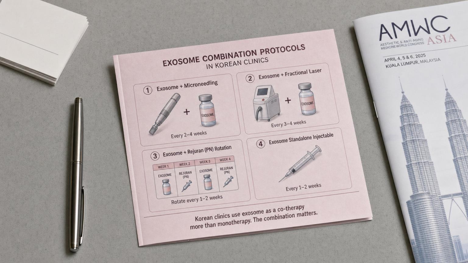 Printed reference card showing four Korean exosome combination protocols — exosome with microneedling, exosome with fractional laser, exosome alternating with Rejuran, and standalone exosome for sensitive skin