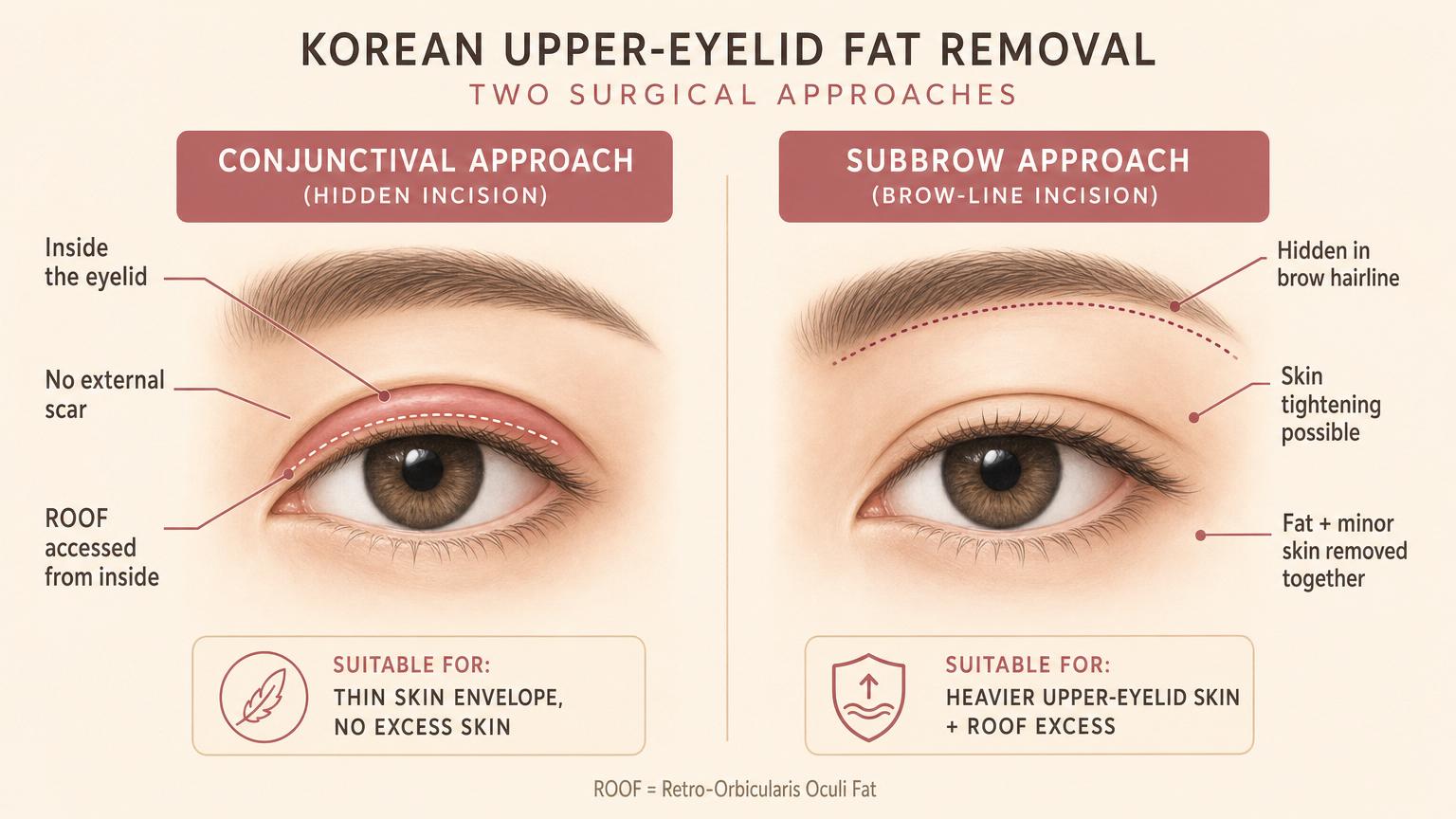 Two stylized diagrams comparing Korean upper eyelid fat removal techniques — conjunctival approach (hidden inside the lid, no external scar) vs subbrow approach (along the brow line, allows minor skin tightening)