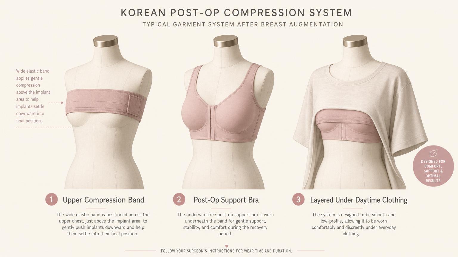 Editorial medical illustration of the typical Korean post-op compression garment system — upper compression band, post-op support bra, and how the system layers under daytime clothing