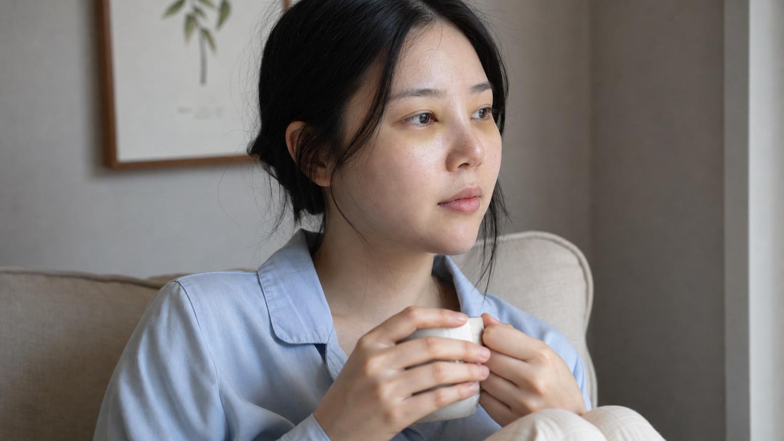 Korean rhinoplasty patient at day 14 post-op with subtle residual swelling and faint fading yellow-green bruising near inner eye corners