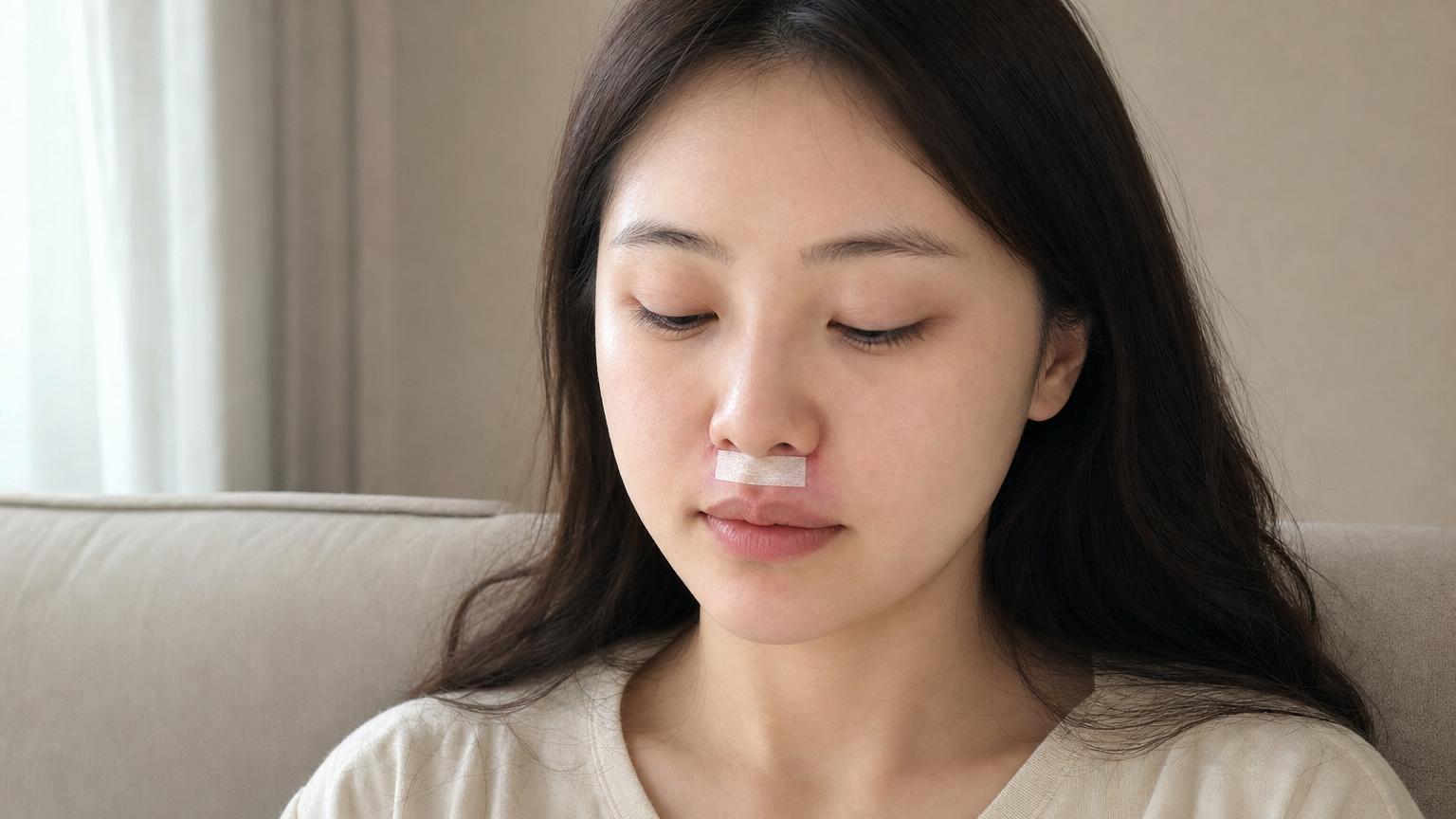 Day 1 after Korean lip lift / philtrum reduction surgery — patient at home with mild swelling and small surgical tape covering the subnasal incision