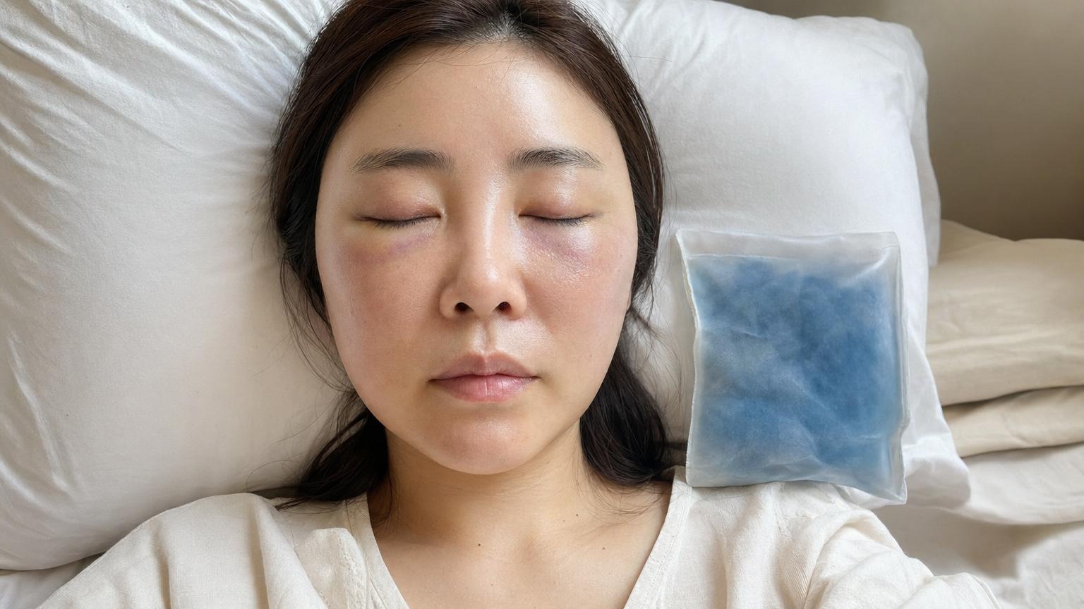 Day 1 after combined Korean under-eye fat repositioning and full-face fat grafting — patient resting at home with mild uniform facial swelling, faint pink-purple bruising starting under the eyes, blue cold compress nearby