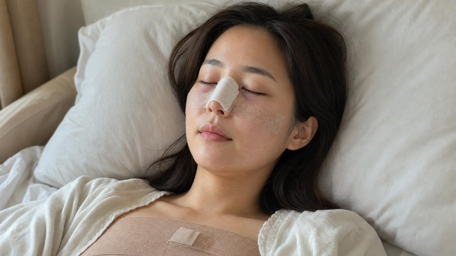 Day 1 after Korean revision rhinoplasty — patient resting at home with a small white nasal splint, surgical tape across both cheeks, faint bruising under the eyes, and a chest binder over the rib harvest site