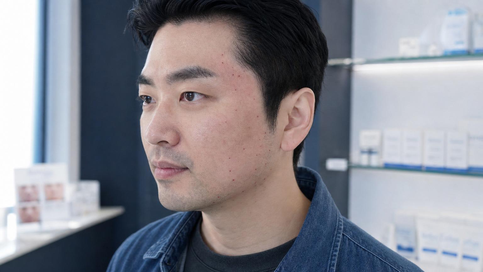 Different patient case (Korean male in his late thirties) 24 hours after a Juvelook injection session showing subtle injection point marks and mild temple swelling in a crisp blue-gray Korean clinic recovery area