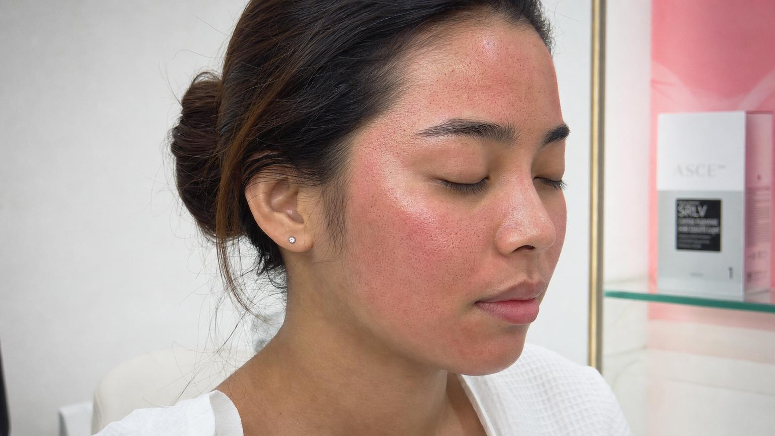 Close-up of a Korean exosome microneedling patient 30 minutes after the session showing subtle pinpoint micro-channel marks and mild general flushing, no bandages