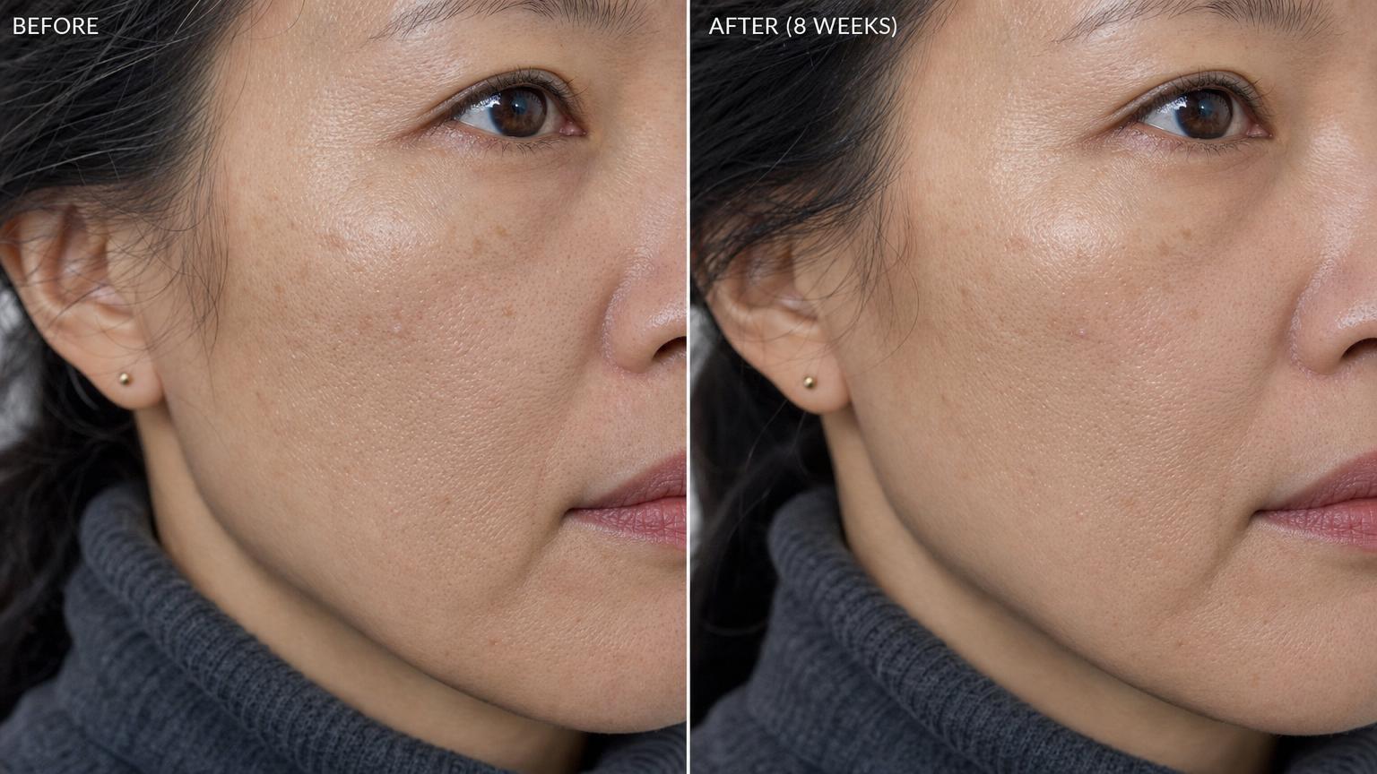 Close-up cheek texture comparison before vs 8 weeks after Korean Rejuran series — improved hydration and softer fine lines, with pores and age markers still naturally visible (realistic skin booster result)