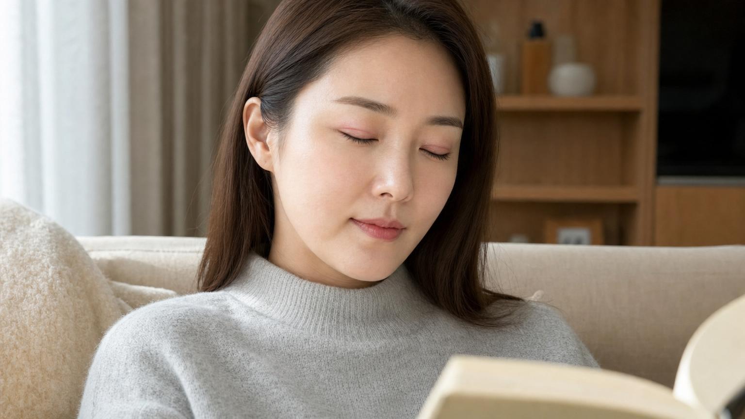 Day 3 after Korean upper eyelid fat removal surgery — patient at home with mild residual swelling, no bandage or medical tape (conjunctival approach has no external incision)