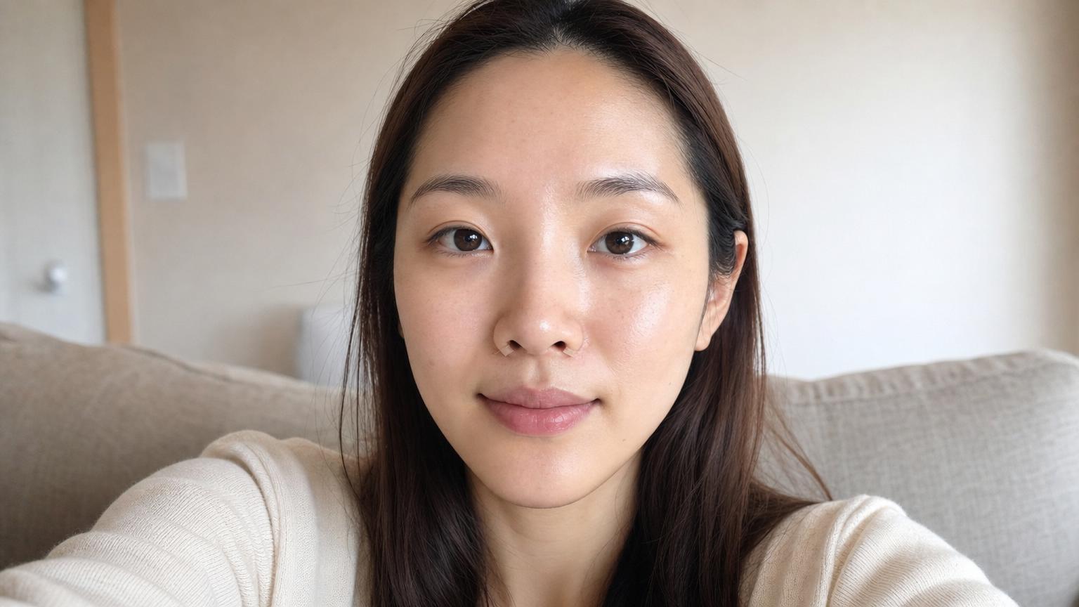 Day 7 after Korean alar reduction surgery — patient at home with mild residual swelling, skin-toned medical tape covering the small alar base incisions