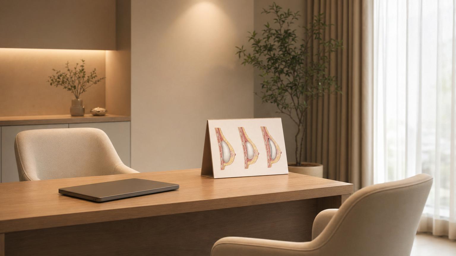 Modern Korean cosmetic surgery consultation room with a folded breast-anatomy reference card showing implant pocket placements