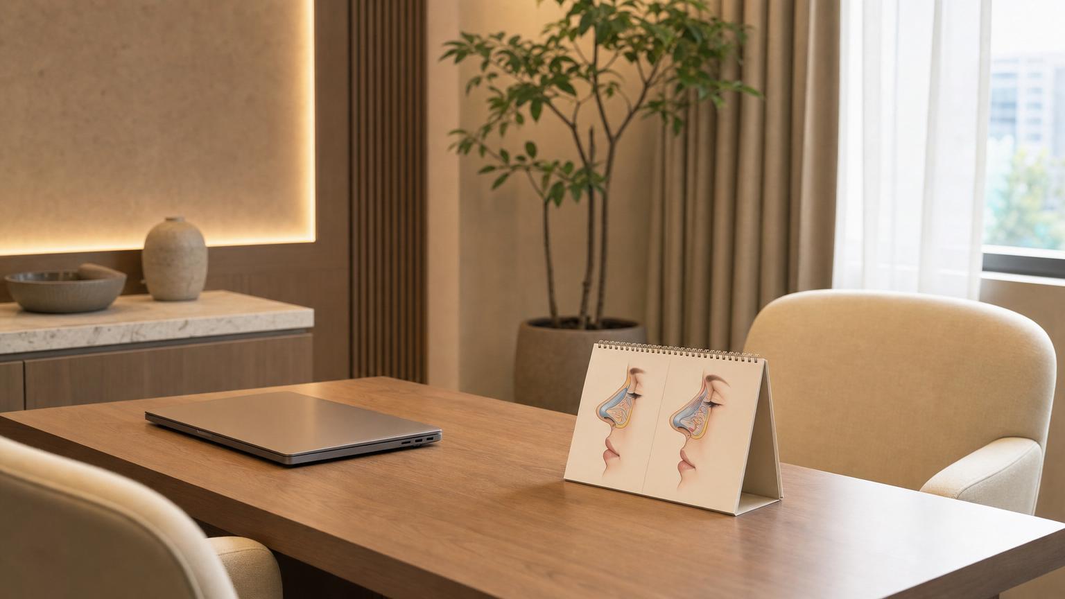 Modern Korean cosmetic surgery consultation room with a folded reference card showing primary and revision rhinoplasty cross-section illustrations side by side