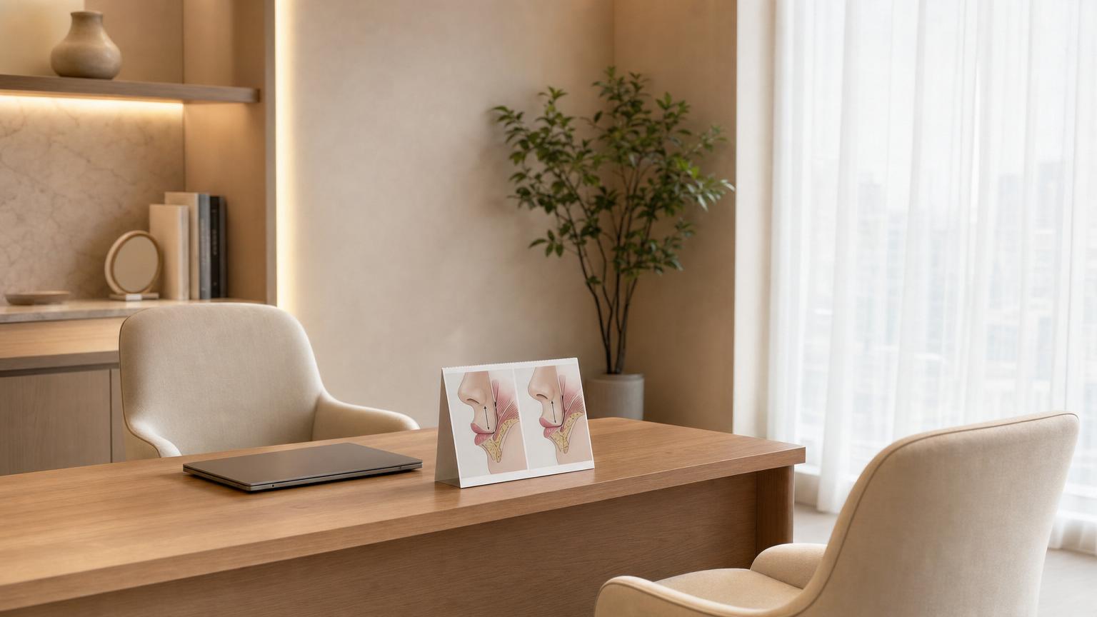 Modern Korean cosmetic surgery consultation room with a folded reference card showing standard lip-lift and M-shape variation cross-section illustrations