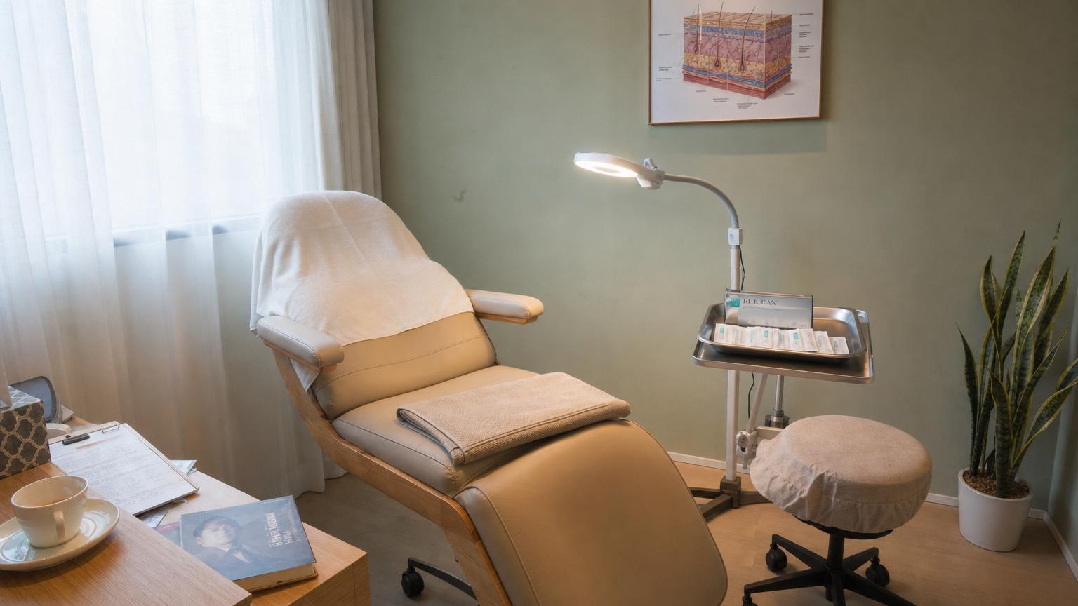 Modern Korean skin clinic injection treatment room with soft sage walls, light oak treatment chair, sealed Rejuran ampoule packaging, and diffused overcast natural daylight from a window