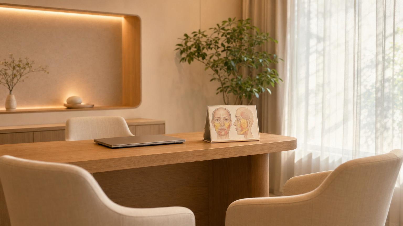 Modern Korean cosmetic surgery consultation room with a folded facial-anatomy reference card showing the major fat compartments of the face