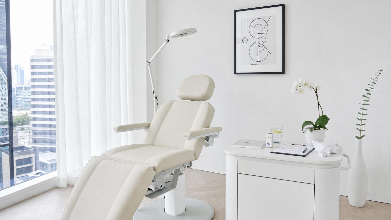 Modern Korean dermatology clinic injection treatment room in bright minimalist Scandinavian white-and-pale-oak aesthetic with sealed Juvelook vial packaging, cream upholstered recliner, and bright cool natural daylight