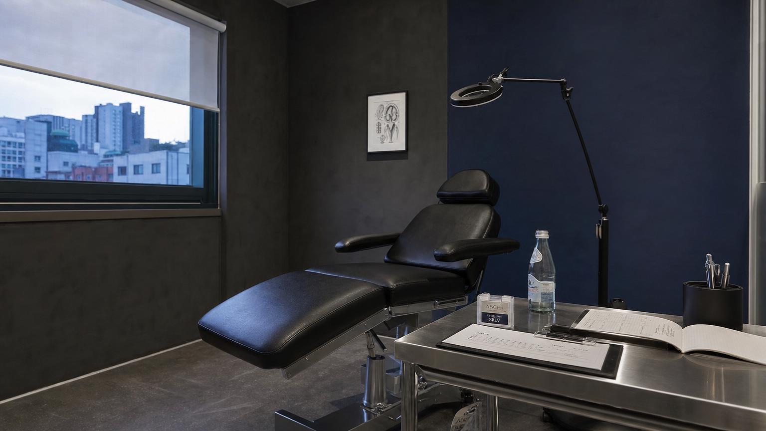 Modern Korean dermatology clinic injection treatment room with warm terracotta accent wall, light oak treatment chair, sealed exosome vial packaging, and golden hour daylight through sheer linen curtain