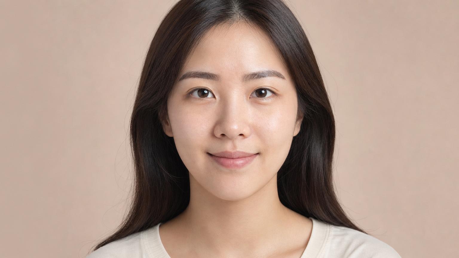 One month after Korean alar reduction surgery — settled narrower alar base, refined nose-face proportion with essentially invisible scar in the natural alar crease
