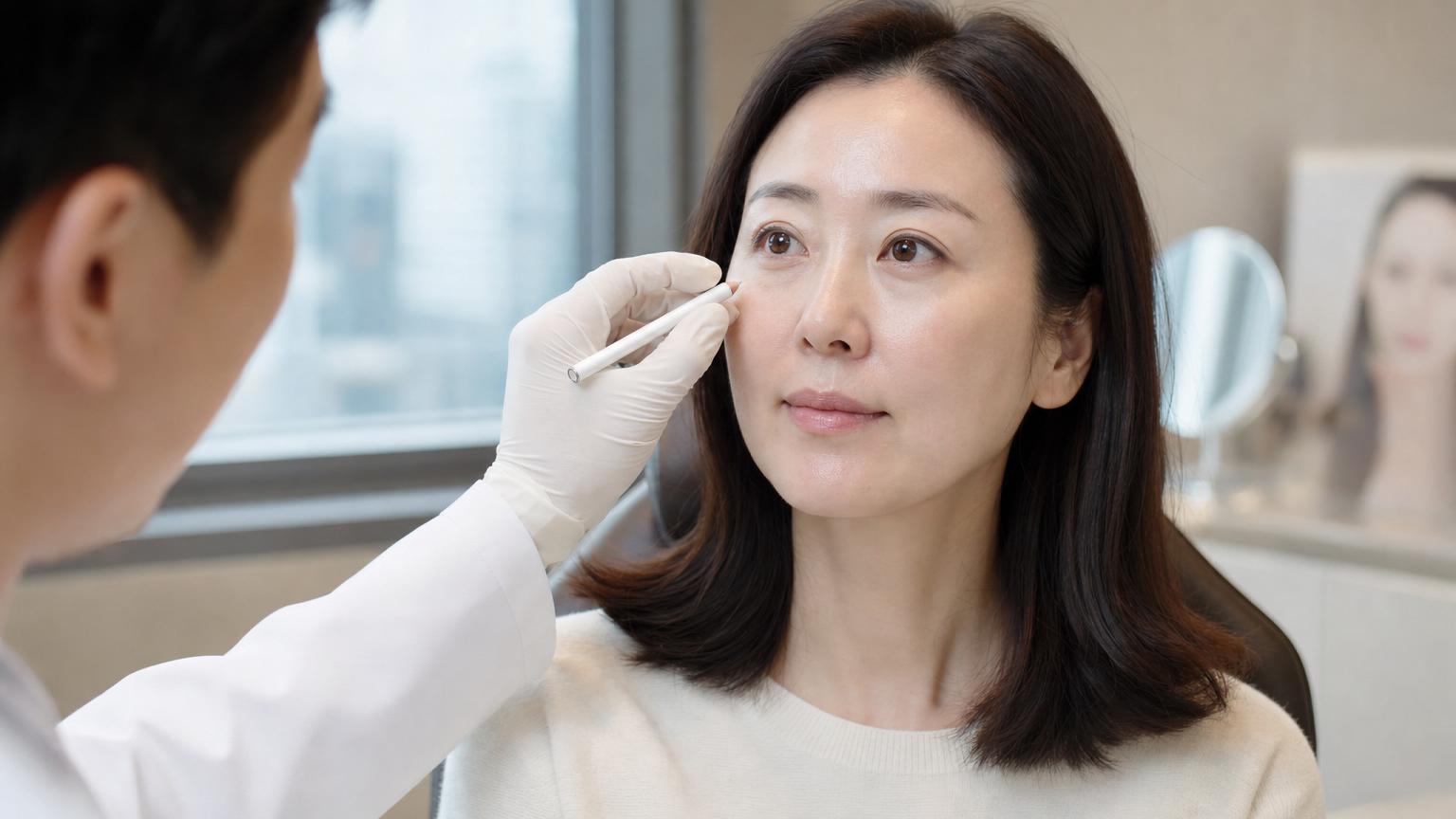 Close-up of a Korean female patient in her early 40s seated in a modern Gangnam consultation room, surgeon's gloved hand gently demonstrating the under-eye area with a small marking pen, soft natural window light, neutral medical aesthetic